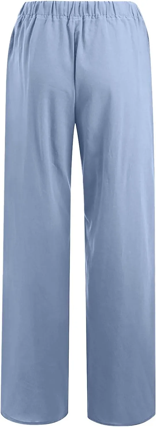LRMQS Womens Pants Casual Trendy 2024 Spring Drawstring Loose Fit Trouser Lounge Beach Straight Linen Wide Leg Palazzo Outfit