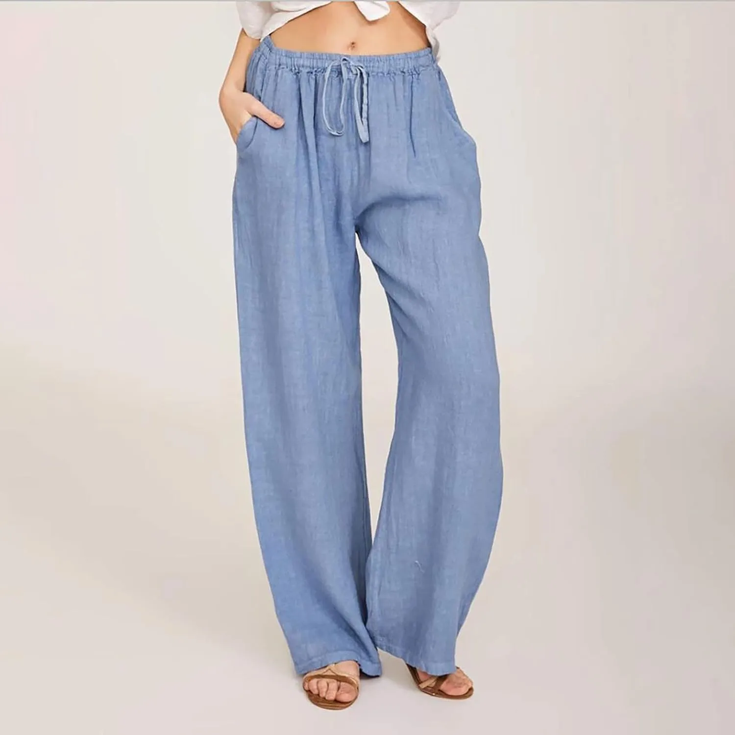 LRMQS Womens Pants Casual Trendy 2024 Spring Drawstring Loose Fit Trouser Lounge Beach Straight Linen Wide Leg Palazzo Outfit