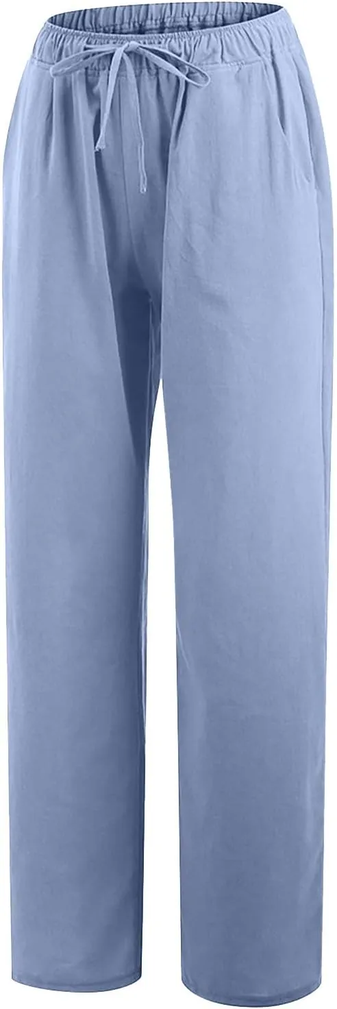 LRMQS Womens Pants Casual Trendy 2024 Spring Drawstring Loose Fit Trouser Lounge Beach Straight Linen Wide Leg Palazzo Outfit