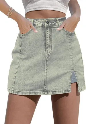 luvamia Skorts Skirts for Women Denim Mini Skirt Side Slit with High Waisted Jean Shorts Stretchy
