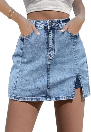 luvamia Skorts Skirts for Women Denim Mini Skirt Side Slit with High Waisted Jean Shorts Stretchy