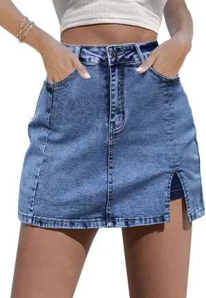 luvamia Skorts Skirts for Women Denim Mini Skirt Side Slit with High Waisted Jean Shorts Stretchy