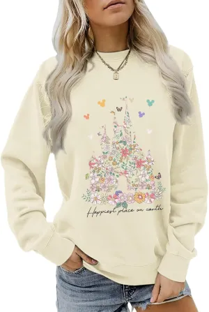 Magic Kingdom Sweatshirts for Women Magical Floral Castle Graphic Long Sleeve Shirt Holiday Vacation Pullover Tops