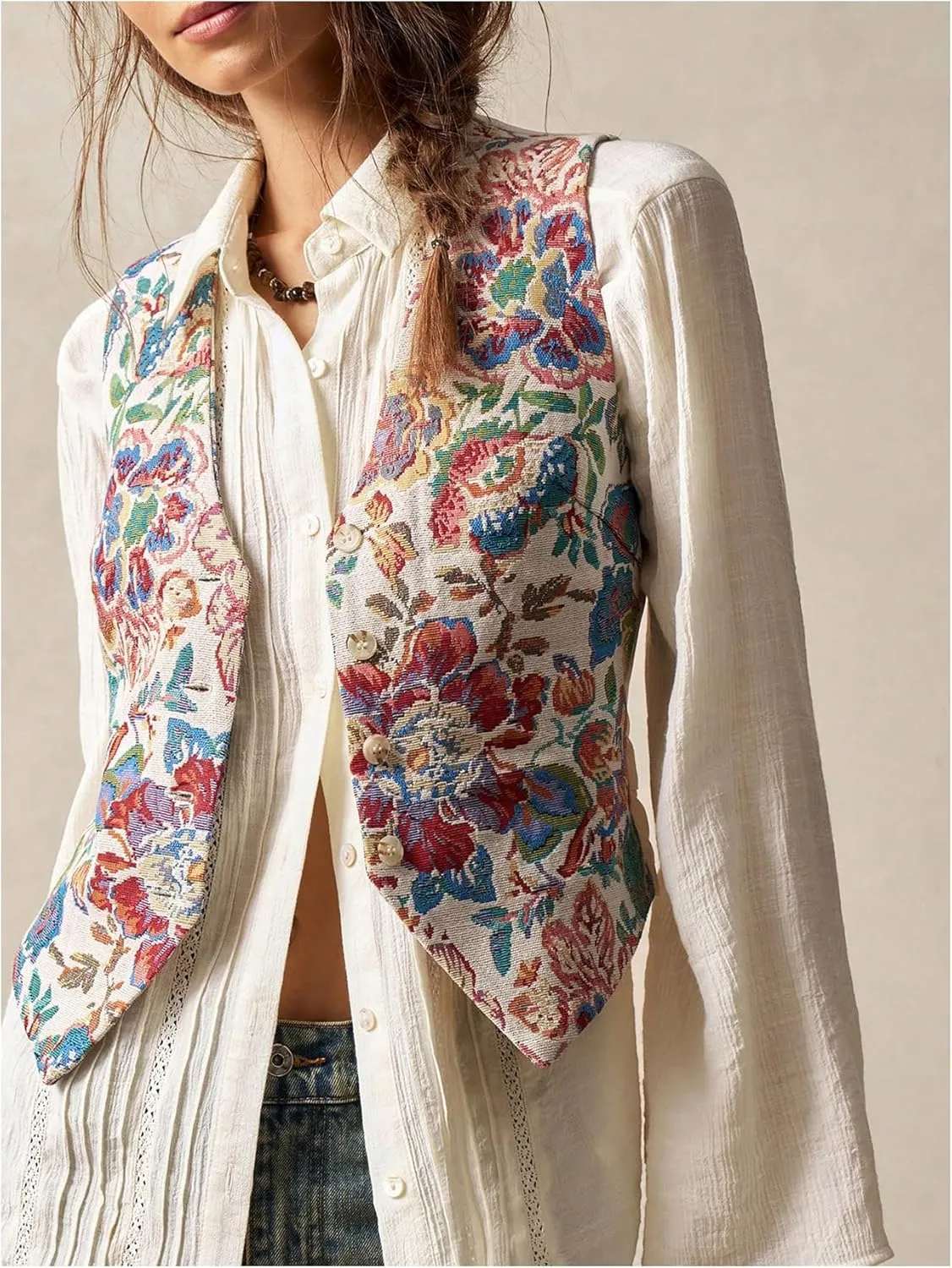 MakeMeChic Women's Boho Floral Embroidery Western Vest Sleeveless V Neck Button Down Jacket Waistcoat