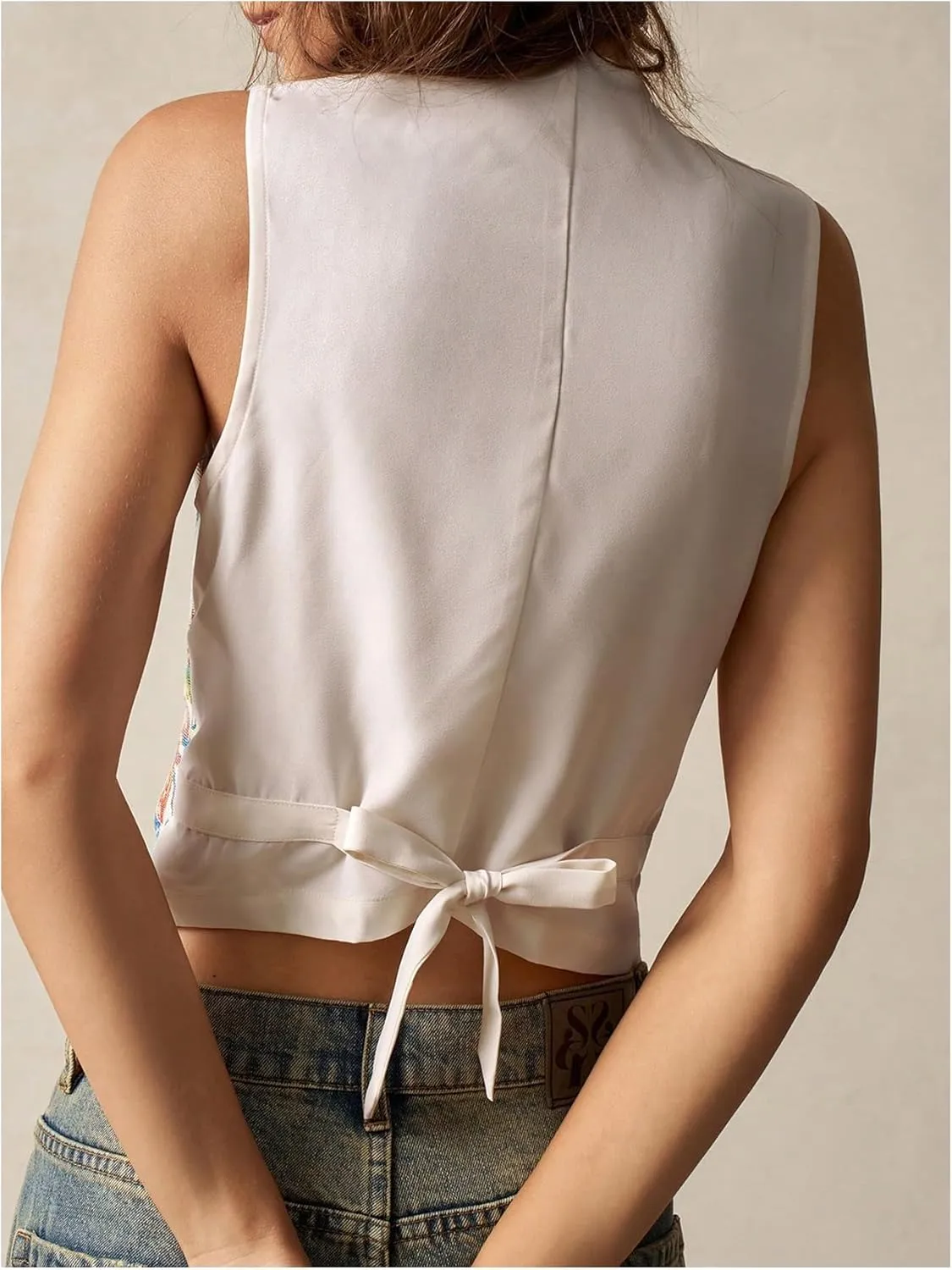 MakeMeChic Women's Boho Floral Embroidery Western Vest Sleeveless V Neck Button Down Jacket Waistcoat