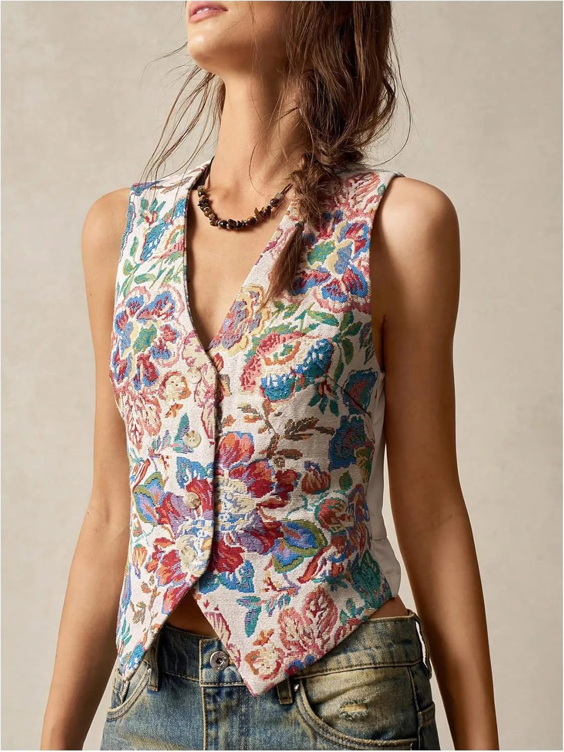 MakeMeChic Women's Boho Floral Embroidery Western Vest Sleeveless V Neck Button Down Jacket Waistcoat