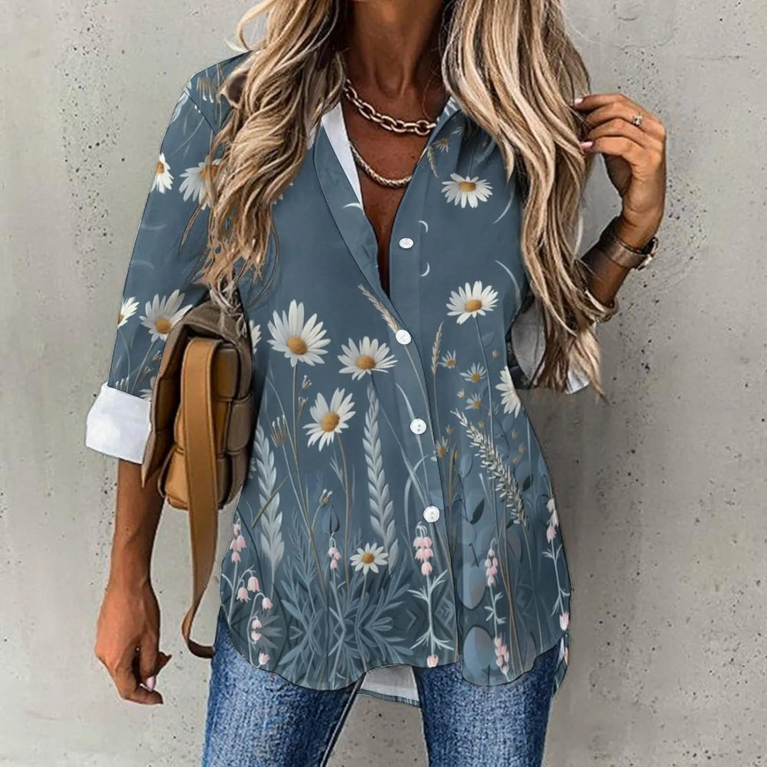 MARSVOVO Hawaiian Shirt for Women Fashion Boho Floral Print Long Sleeve Blouse Button Down V Neck Soft Shirt