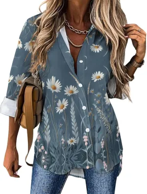 MARSVOVO Hawaiian Shirt for Women Fashion Boho Floral Print Long Sleeve Blouse Button Down V Neck Soft Shirt