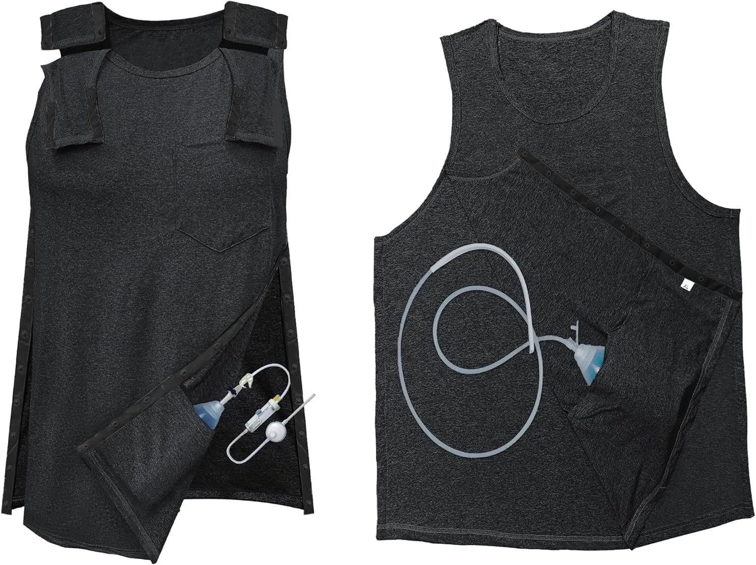 Mastectomy Recovery Tank Top with Drain Pockets Unisex Post Shoulder Surgery Shirts Full Snap Rotator Cuff Recovery Clothing