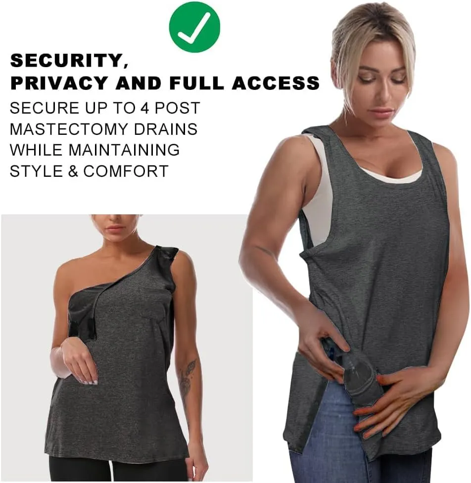 Mastectomy Recovery Tank Top with Drain Pockets Unisex Post Shoulder Surgery Shirts Full Snap Rotator Cuff Recovery Clothing