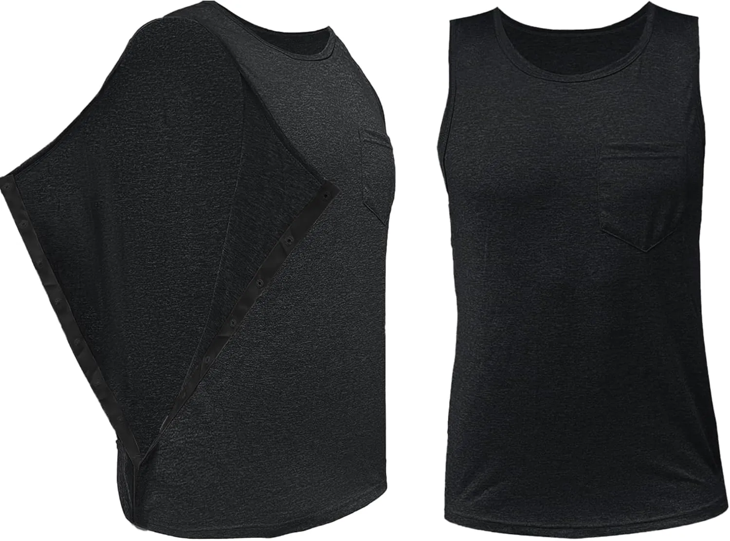 Mastectomy Recovery Tank Top with Drain Pockets Unisex Post Shoulder Surgery Shirts Full Snap Rotator Cuff Recovery Clothing
