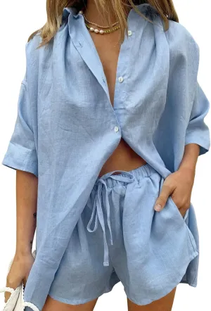 Meenew Women's 2 Piece Outfits Button Down Short Sleeve Shirts and Shorts Set Summer Sweatsuits Loungewear Set