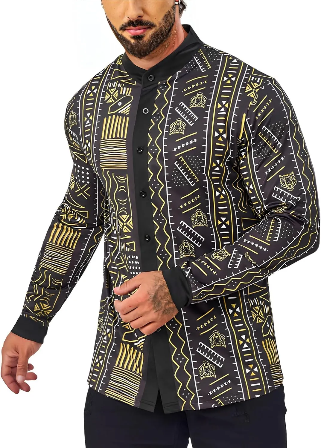 Men's African Traditional Pattern Print Shirt Casual Long Sleeve Button Down Shirts Luxury Printed Dashiki for Men