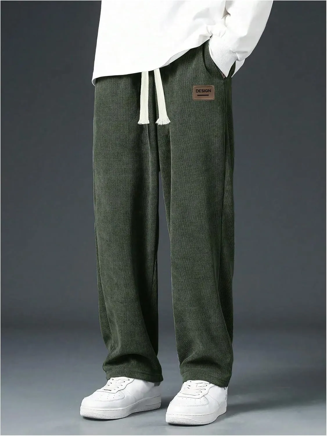 Men's Baggy Pants Tie Front Drawstring Waist Corduroy Pants Casual Loose Straight Leg Pants Trousers