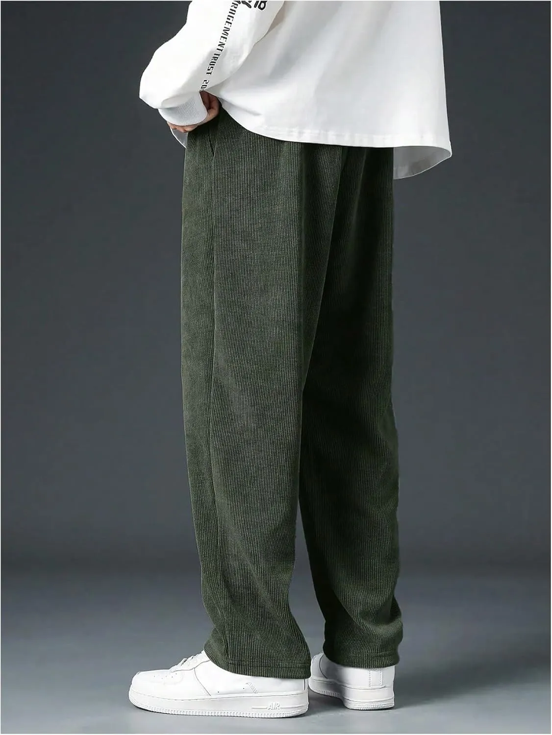 Men's Baggy Pants Tie Front Drawstring Waist Corduroy Pants Casual Loose Straight Leg Pants Trousers