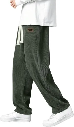 Men's Baggy Pants Tie Front Drawstring Waist Corduroy Pants Casual Loose Straight Leg Pants Trousers