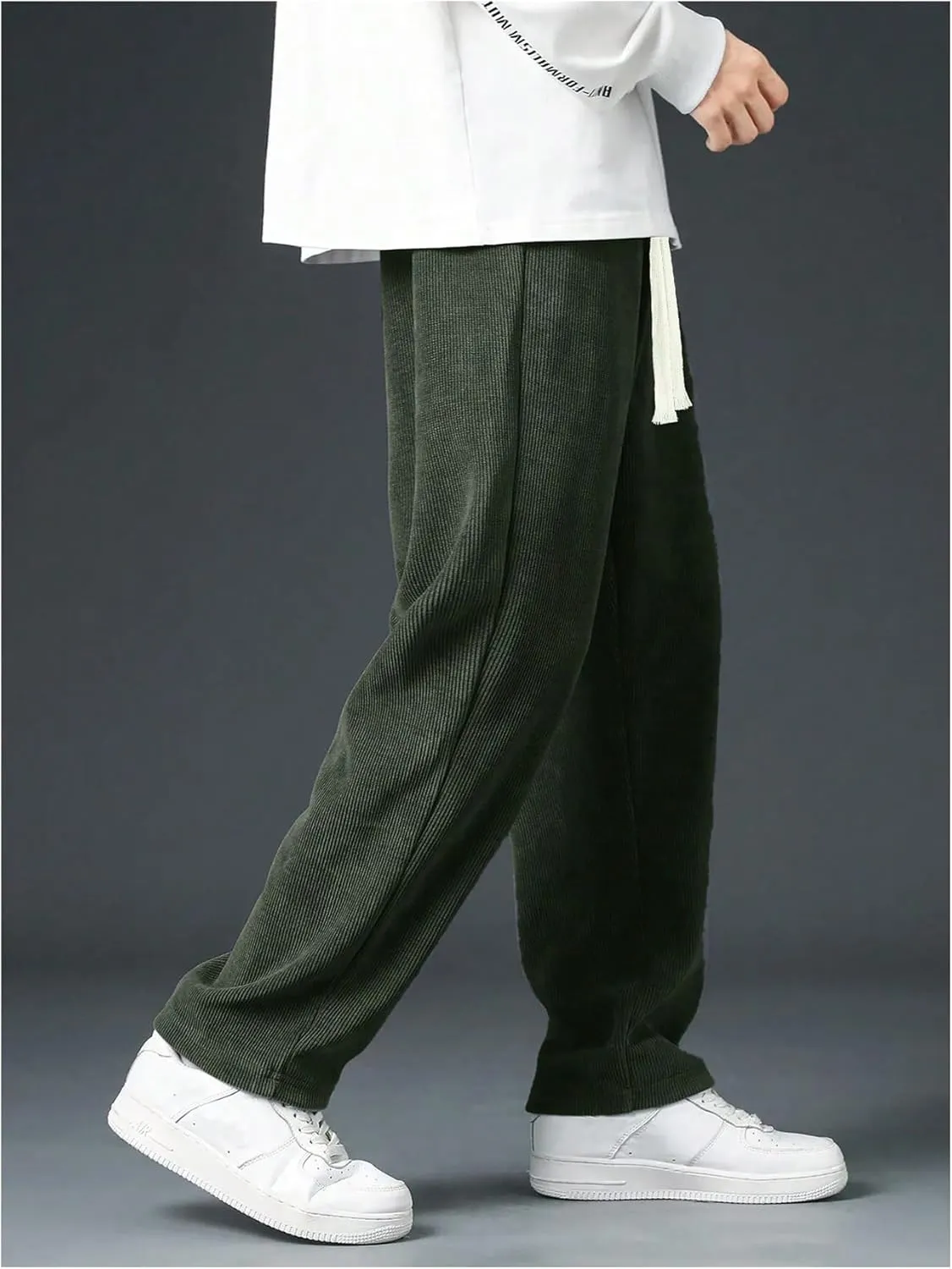 Men's Baggy Pants Tie Front Drawstring Waist Corduroy Pants Casual Loose Straight Leg Pants Trousers