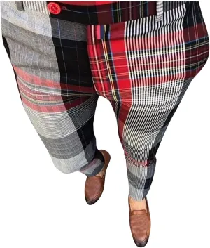 Mens Dress Pants Plaid Skinny Slim Fit Dress Pants Casual Work Business Fashion Golf Pencil Pants Stretch Tapered Suit Pants