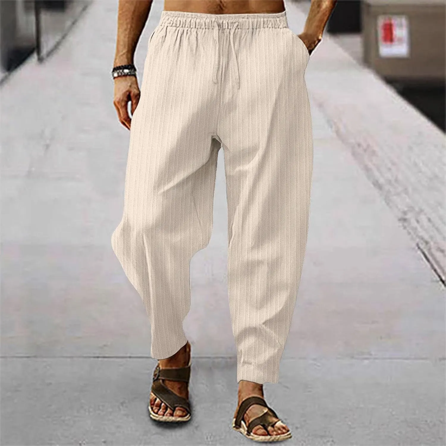 Mens Linen Cotton Drawstring Pants Elastic Waist Drawstring Casual Striped Trousers Trend Hippie Hip Hop Streetwear for Men
