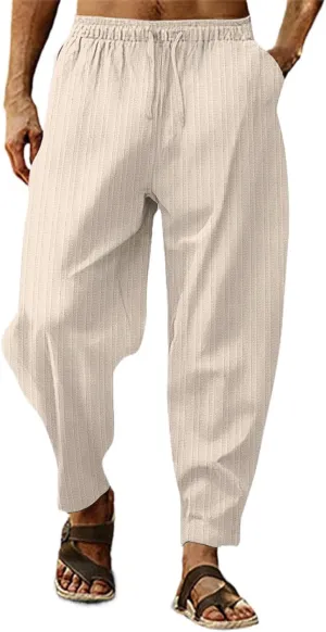 Mens Linen Cotton Drawstring Pants Elastic Waist Drawstring Casual Striped Trousers Trend Hippie Hip Hop Streetwear for Men