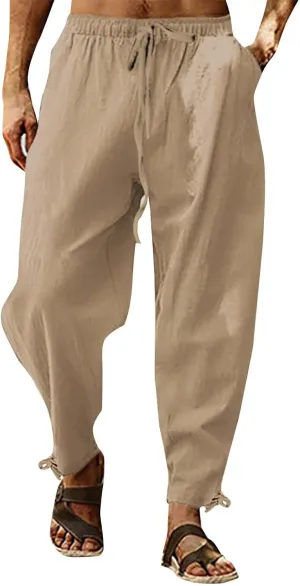 Men's Linen Pants Elastic Drawstring Casual Loose Fit Beach Summer Pants Lightweight Linen Trousers Yoga Pants