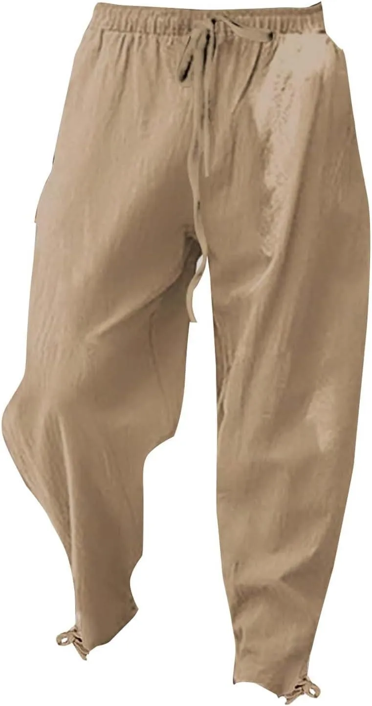 Men's Linen Pants Elastic Drawstring Casual Loose Fit Beach Summer Pants Lightweight Linen Trousers Yoga Pants