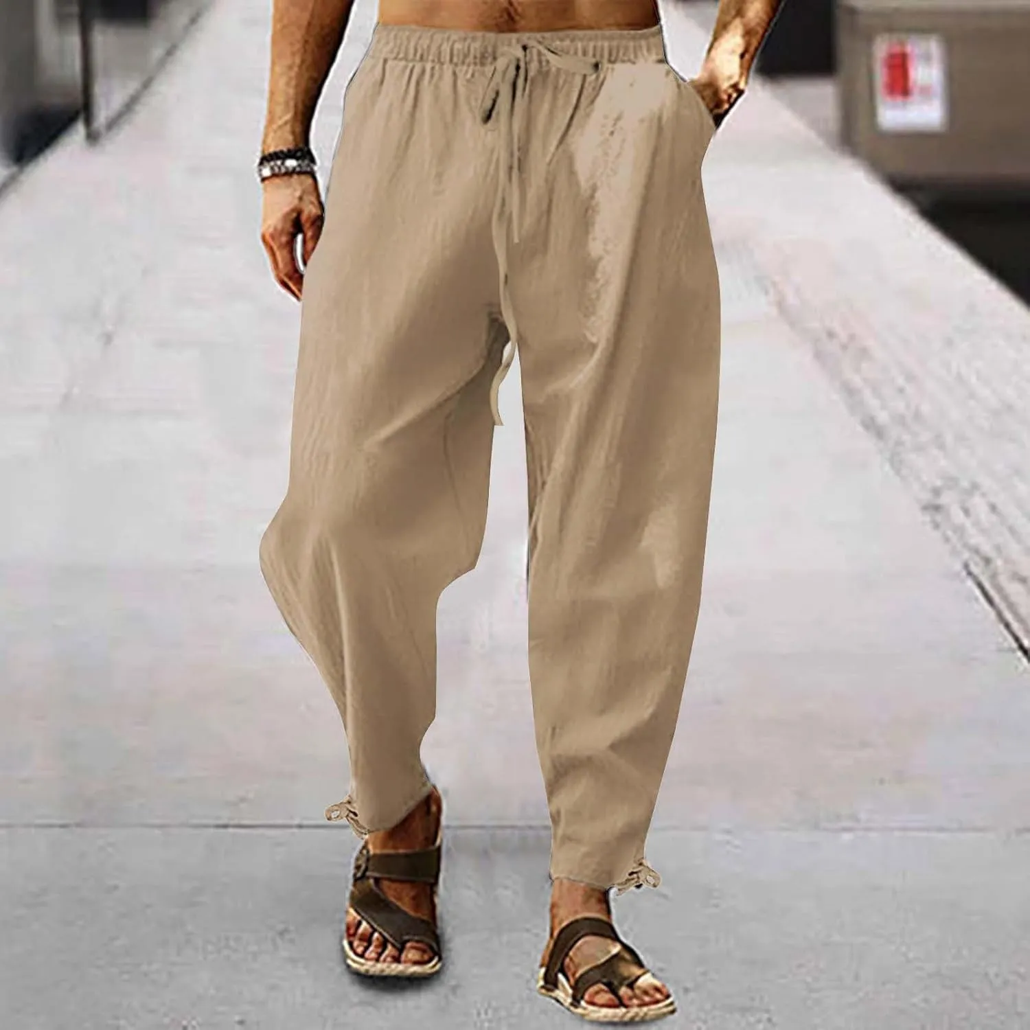 Men's Linen Pants Elastic Drawstring Casual Loose Fit Beach Summer Pants Lightweight Linen Trousers Yoga Pants