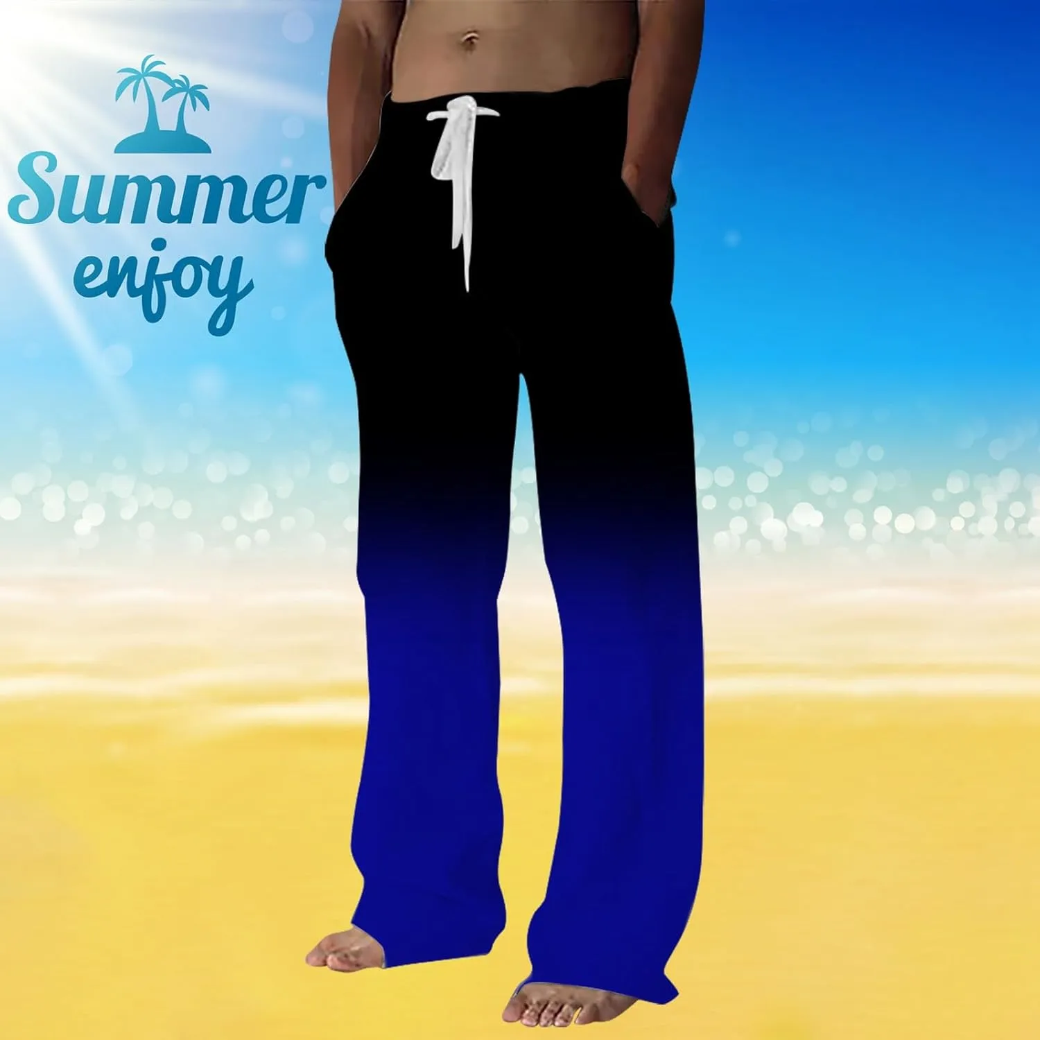 Mens Linen Pants Summer Casual Beach Yoga Pants Elastic Wasist Drawstring Lightweight Loose Trousers with Pockets