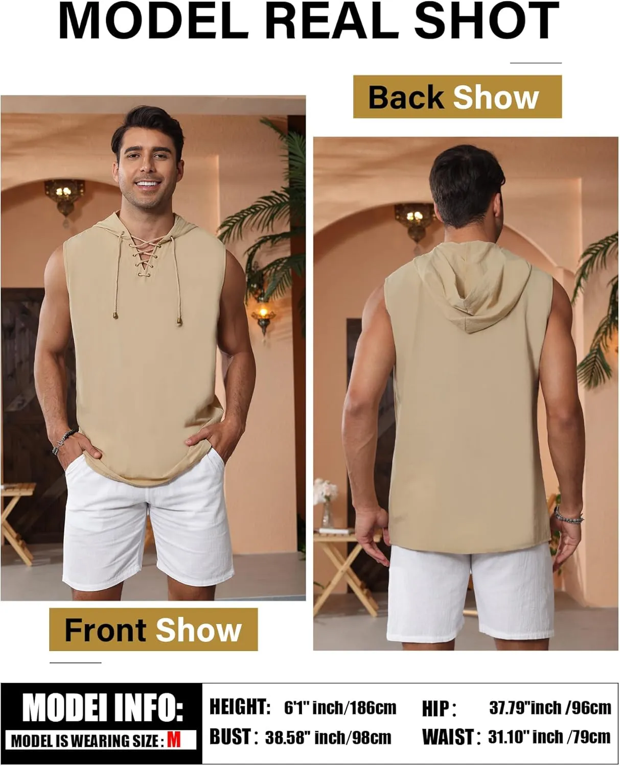Men's Linen Tank Tops Sleeveless Shirts Lace Up Beach Summer Yoga Top Hippie Renaissance Pirate Tunic with Hood