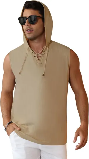 Men's Linen Tank Tops Sleeveless Shirts Lace Up Beach Summer Yoga Top Hippie Renaissance Pirate Tunic with Hood