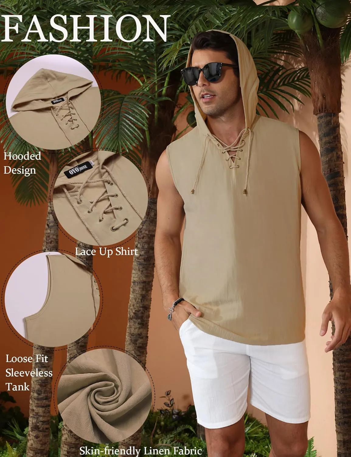 Men's Linen Tank Tops Sleeveless Shirts Lace Up Beach Summer Yoga Top Hippie Renaissance Pirate Tunic with Hood