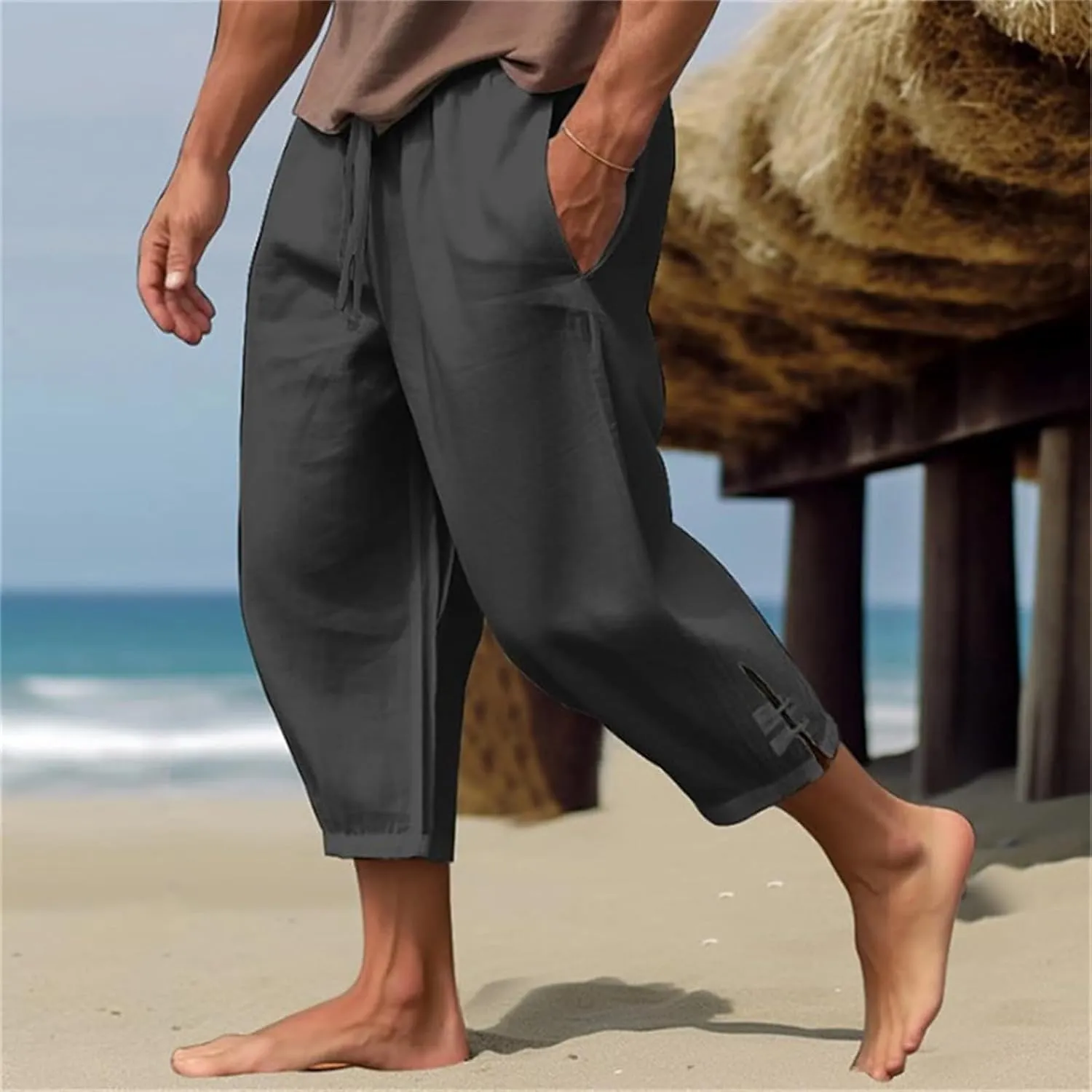 Mens Linen Yoga Pants Harem Capri 3/4 Shorts Sweatpants Jogger Pant Drawstring Elastic Waist Beach Boho Yoga Trousers