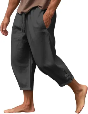 Mens Linen Yoga Pants Harem Capri 3/4 Shorts Sweatpants Jogger Pant Drawstring Elastic Waist Beach Boho Yoga Trousers
