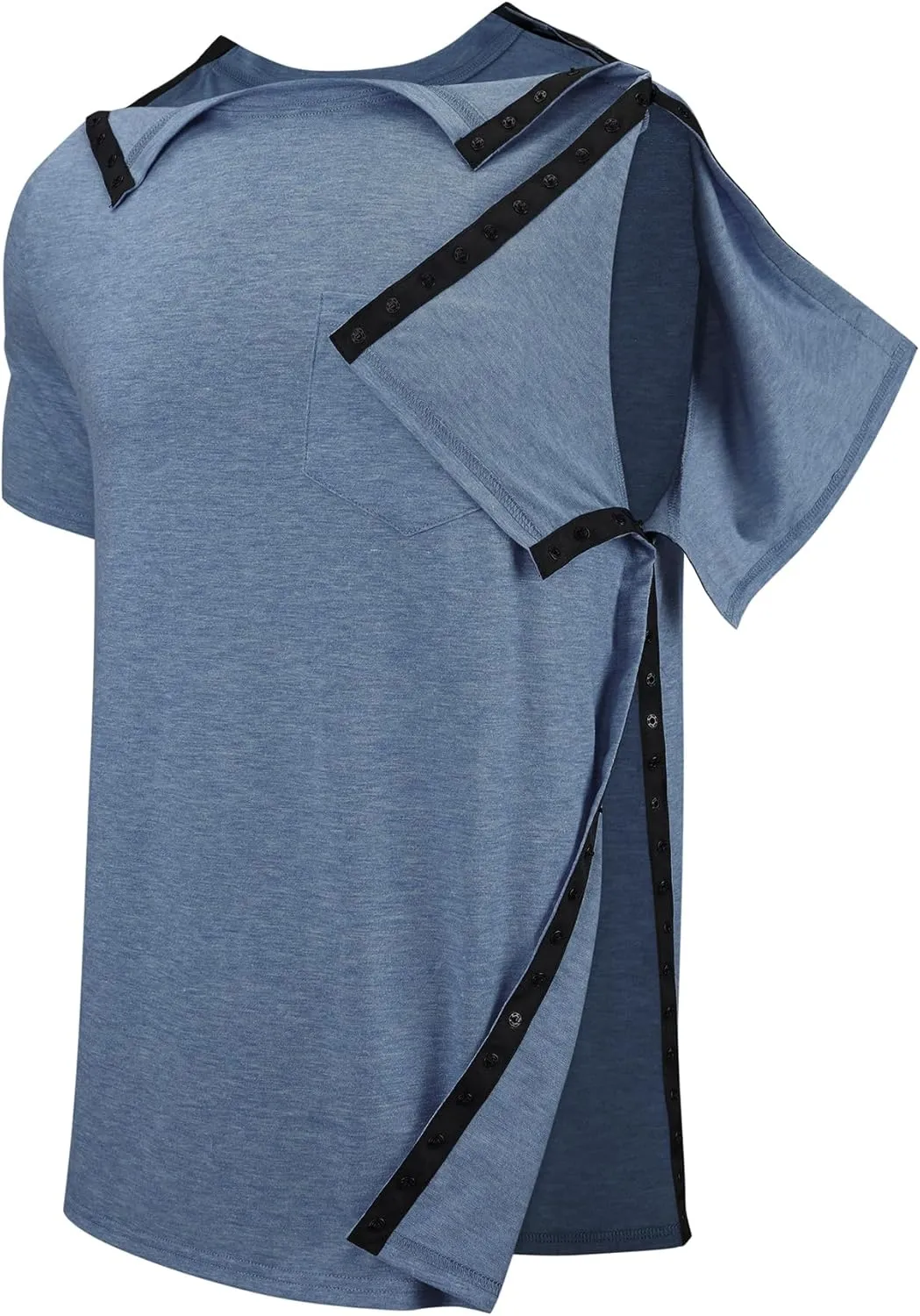 Men's Post Shoulder Surgery Recovery Shirts Tear Away Short Sleeve Full Open Side Snap Dialysis Chemo Clothing