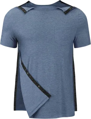 Men's Post Shoulder Surgery Recovery Shirts Tear Away Short Sleeve Full Open Side Snap Dialysis Chemo Clothing