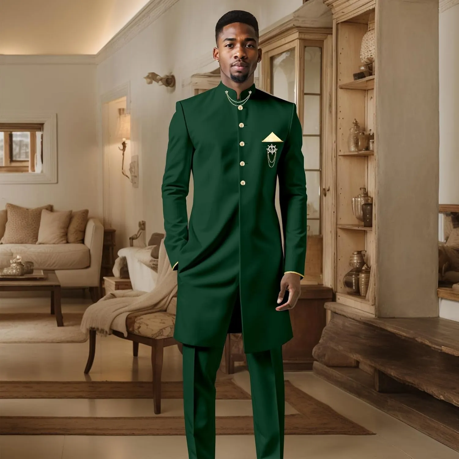 Men`s Suit African Clothing Dashiki Embroidery Chain Single Breasted Shirt and Pants 2 Piece Set Outfits