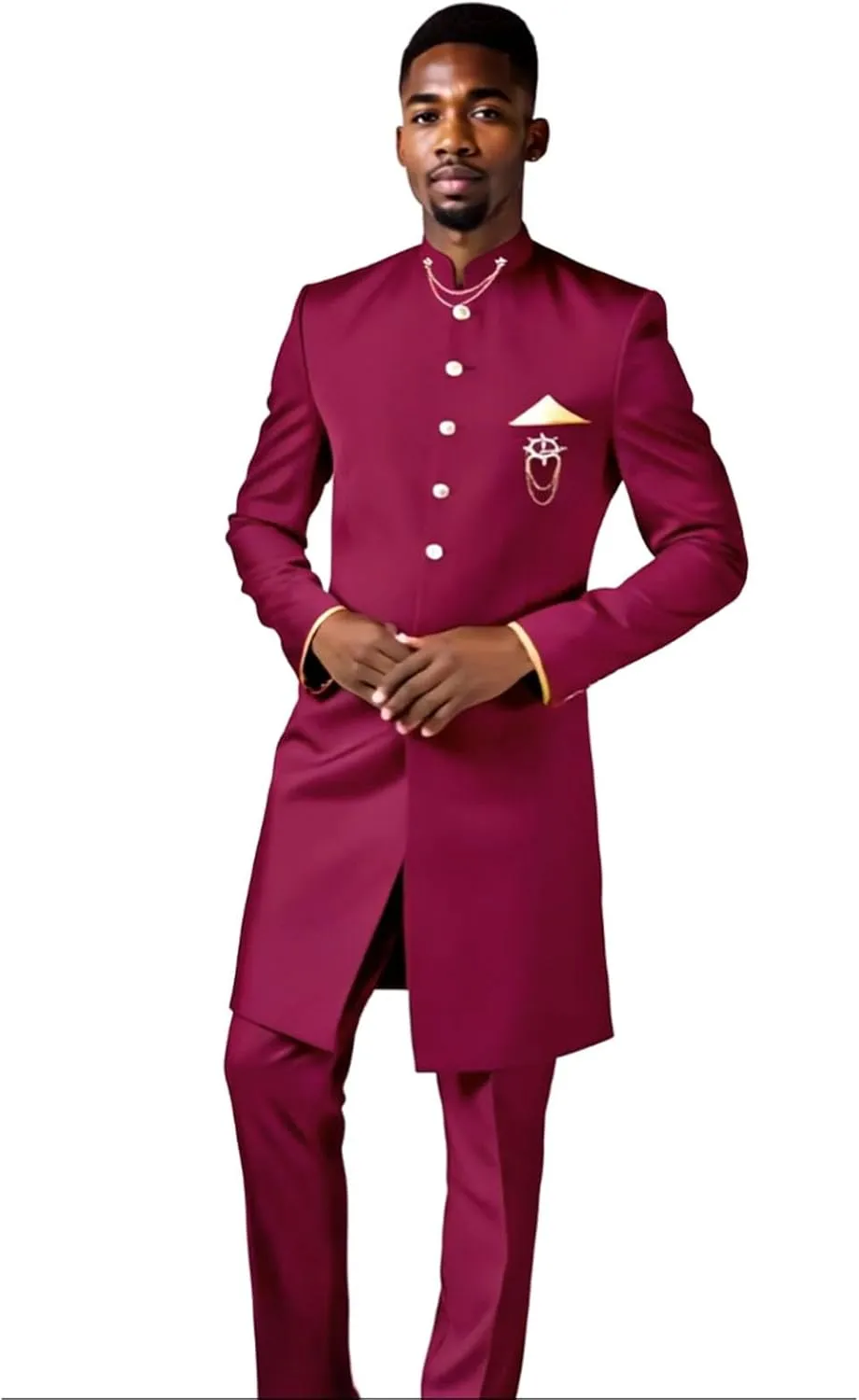 Men`s Suit African Clothing Dashiki Embroidery Chain Single Breasted Shirt and Pants 2 Piece Set Outfits