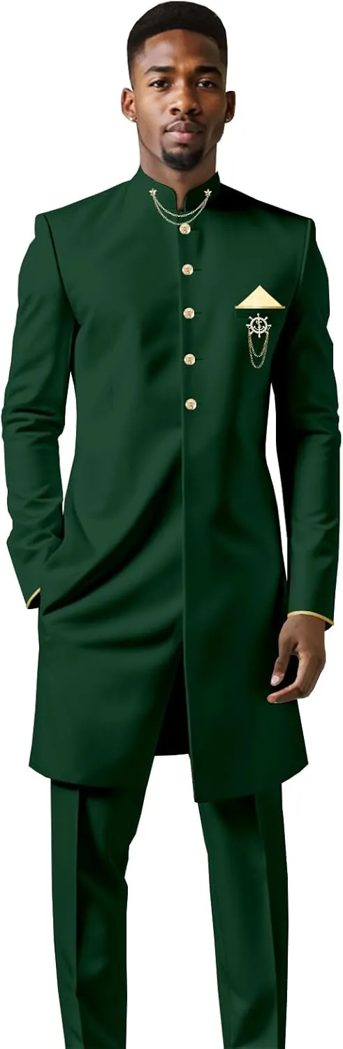 Men`s Suit African Clothing Dashiki Embroidery Chain Single Breasted Shirt and Pants 2 Piece Set Outfits