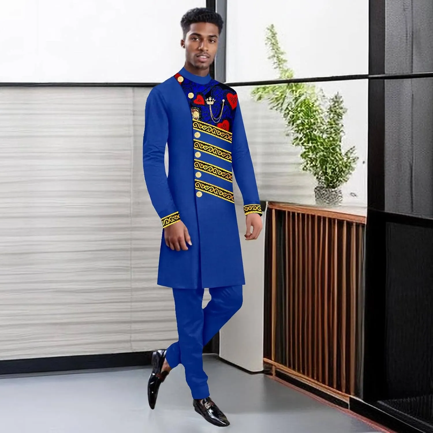 Men`s Suits Slim Fit Single Breasted Print Embroidery Blazer and Trousers Set Bussiness Suit African Clothes