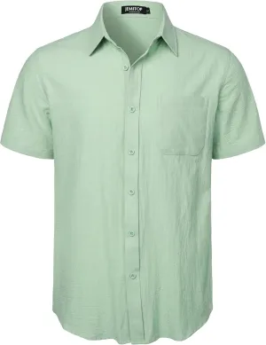 Mens Summer Cotton Linen Short Sleeve Button Down Shirt Casual Lightweight Tops with Pockets for Beach Vacation