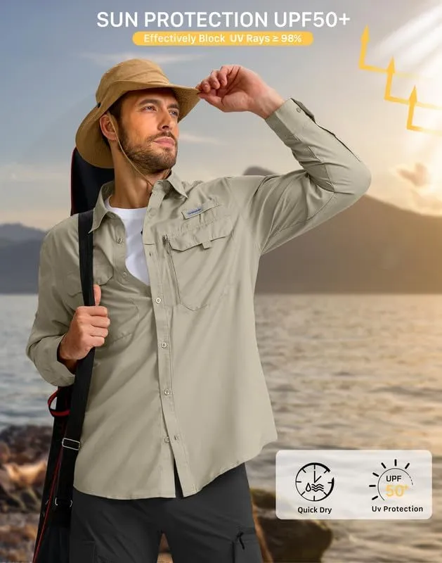 Men's Sun Protection Fishing Shirt with Zipper Pockets Long Sleeve UPF 50  UV Cooling Shirts for Men Hiking Travel