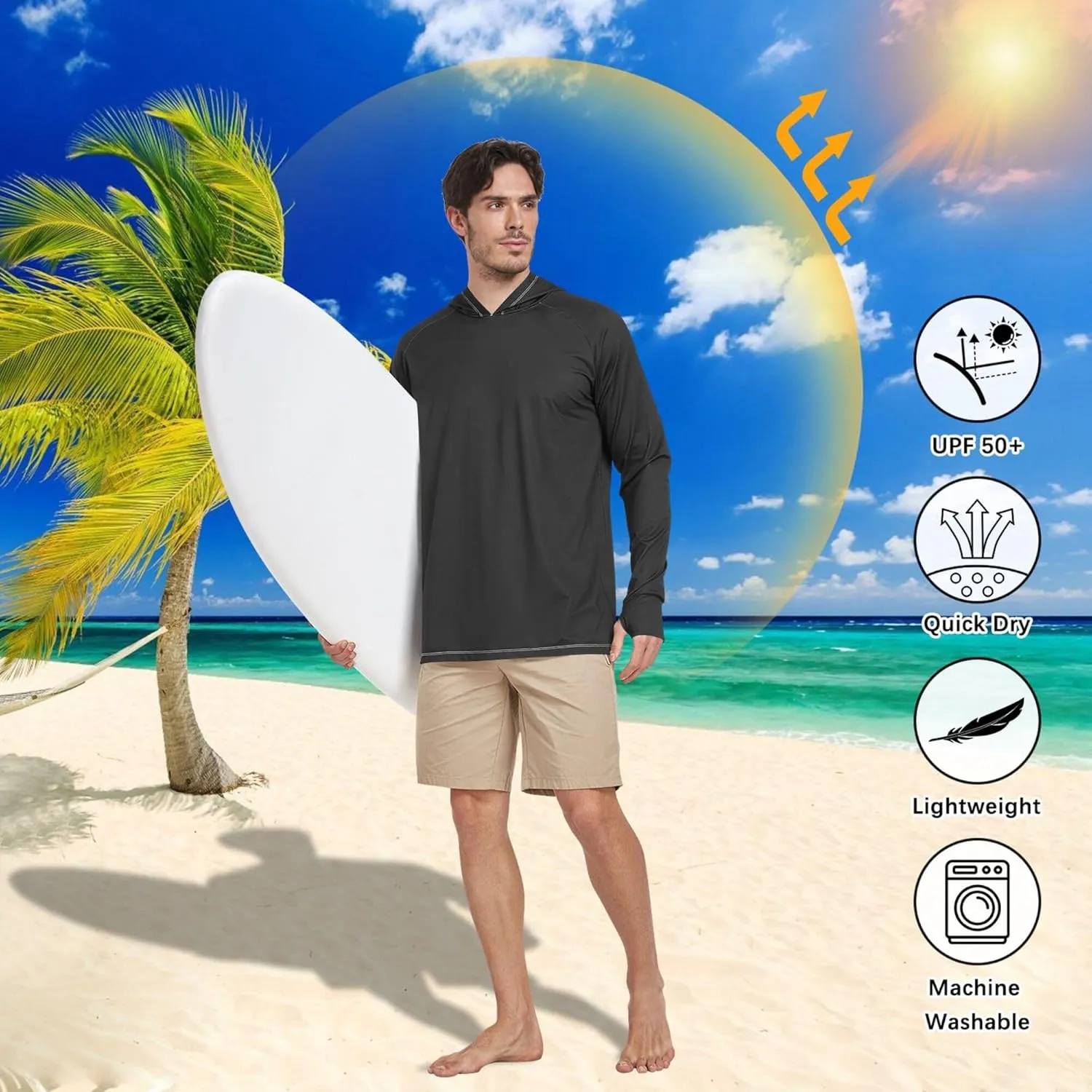 Men's Sun Protection Hoodie Long Sleeve UPF 50   Sun Shirt with Hood Lightweight Hooded Rash Guard Sunproof Shirts