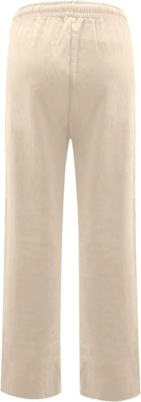 midelxp Straight Leg Linen Pants Women Comfy Loose Fitting Drawstring Pants with Pockets Casual High Waisted Trousers Pants