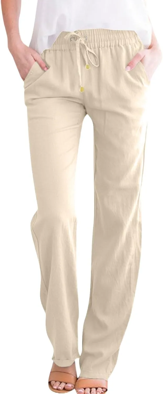 midelxp Straight Leg Linen Pants Women Comfy Loose Fitting Drawstring Pants with Pockets Casual High Waisted Trousers Pants