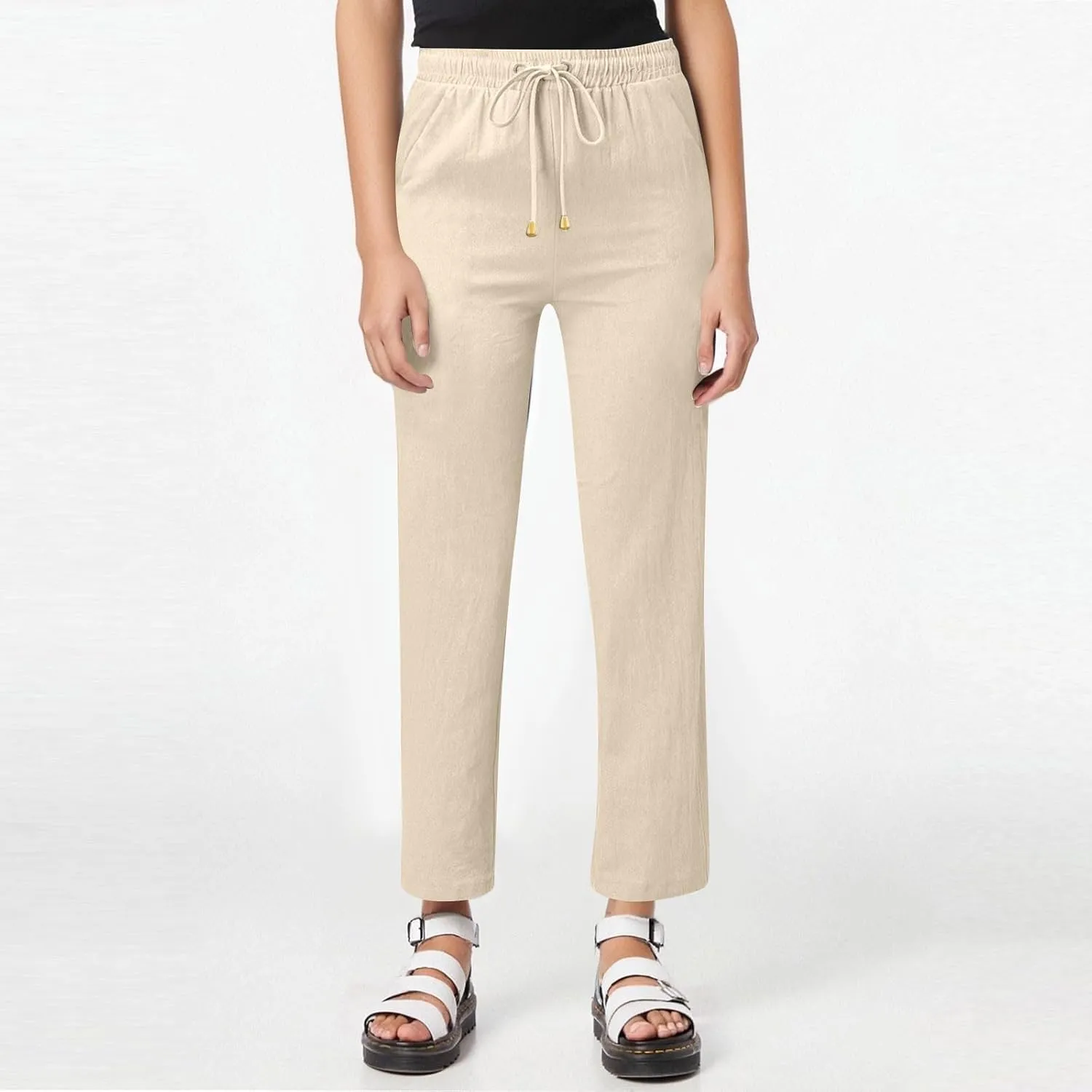 midelxp Straight Leg Linen Pants Women Comfy Loose Fitting Drawstring Pants with Pockets Casual High Waisted Trousers Pants