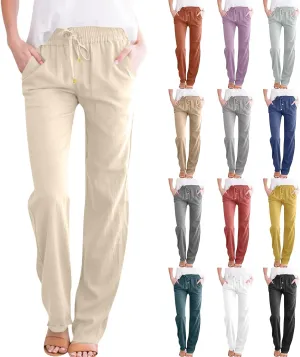 midelxp Straight Leg Linen Pants Women Comfy Loose Fitting Drawstring Pants with Pockets Casual High Waisted Trousers Pants