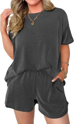 miduo Womens 2 Piece Sets Ribbed Textured Knit Casual Short Sleeve Shirts Shorts Two Piece Lounge Matching Set