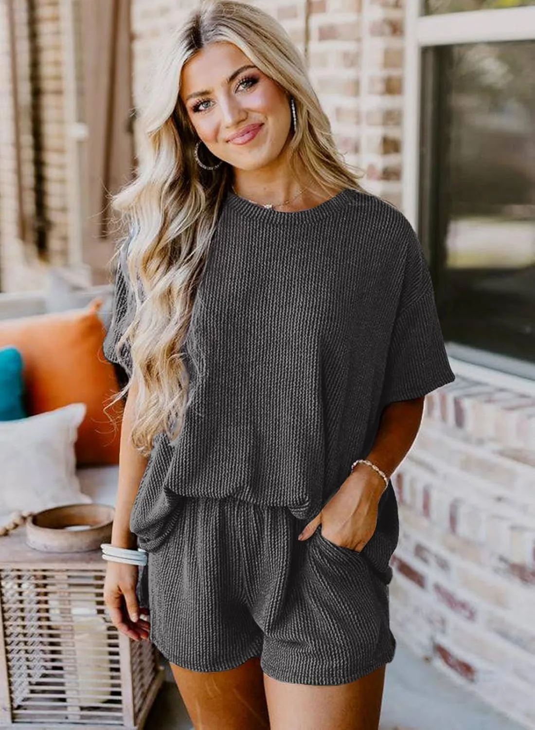 miduo Womens 2 Piece Sets Ribbed Textured Knit Casual Short Sleeve Shirts Shorts Two Piece Lounge Matching Set