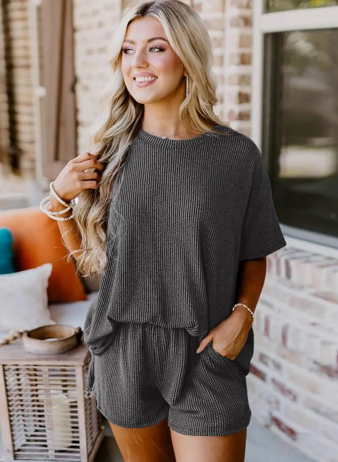 miduo Womens 2 Piece Sets Ribbed Textured Knit Casual Short Sleeve Shirts Shorts Two Piece Lounge Matching Set