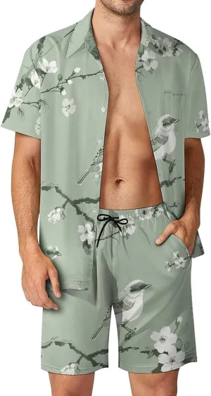 Mint Floral Pattern Mens Swimsuit 2 Pieces Set Quick Dry Shorts Shirts Summer Button Down Short Sleeve Set
